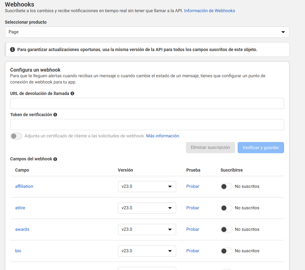Pantalla de configuracion de webhooks en plataforma de meta