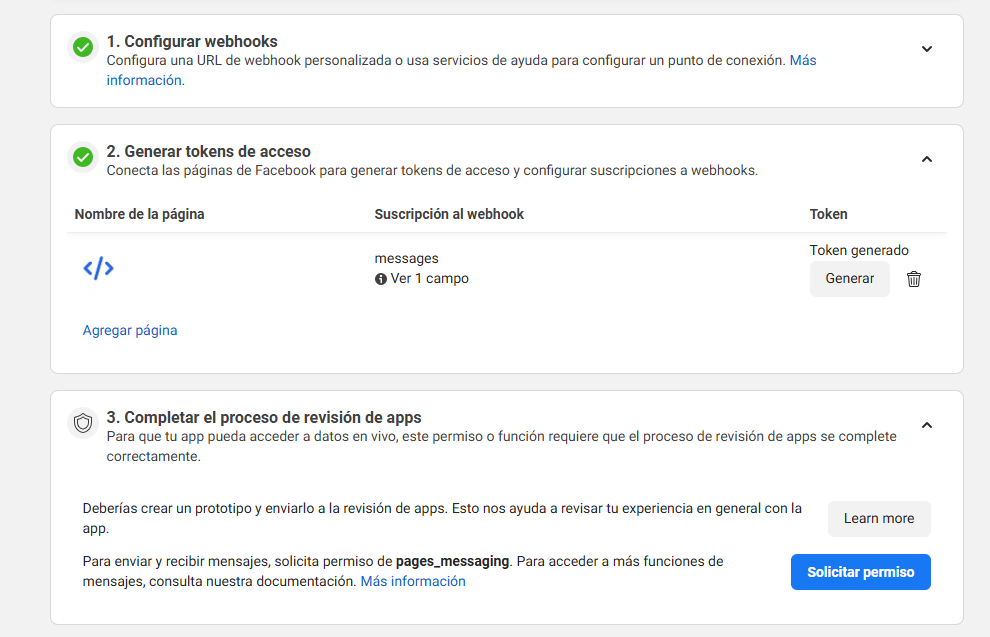 Pantalla de configuracion de token de aplicacion en Meta